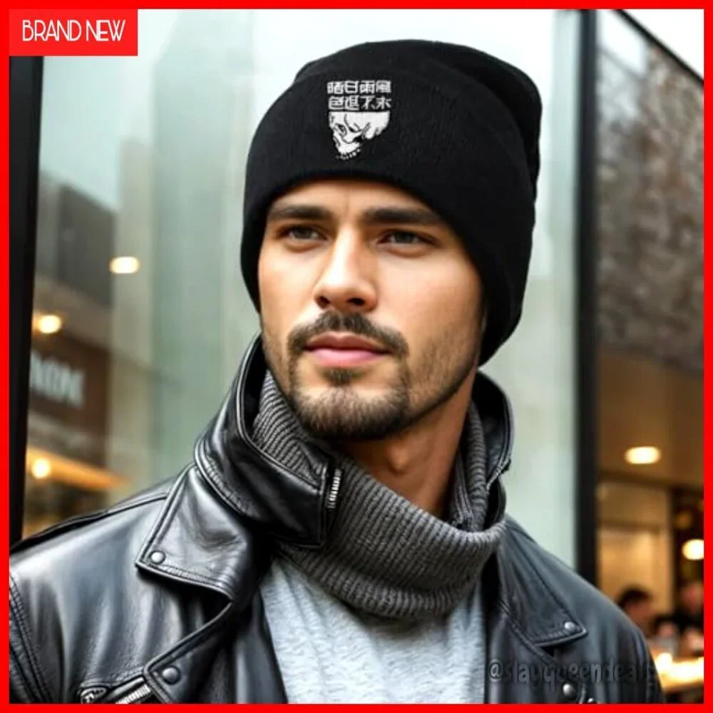 Unisex Skull Embroidered Knit Beanie, Acrylic Stretchy Fit, Gothic Style